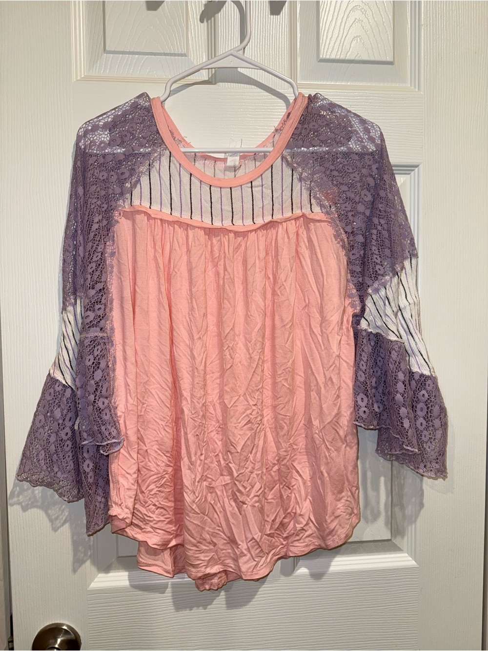 Women’s Top Pink Body with Lavender Lace-Sleeve